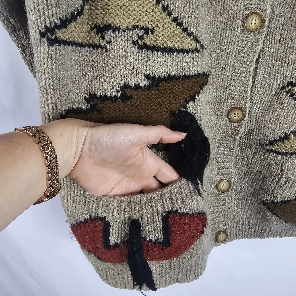 Vtg Jayson Younger Womens Wool Aztec Cardigan Sz L Tan Apron Pockets Art to Wear - Picture 5 of 10